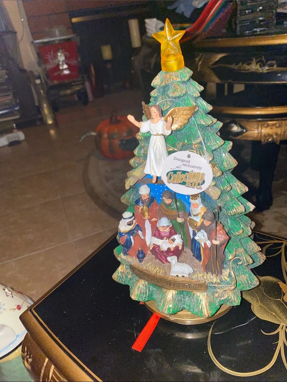 Green Holiday Nativity Tree Figurine with Angel Topper